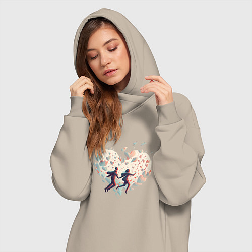 Женская толстовка-платье Влюбленные летят на фоне сердца / Миндальный – фото 3