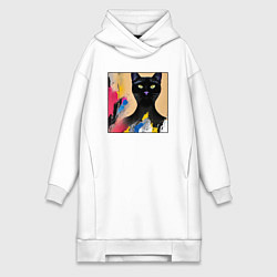 Женское худи-платье Черный кот из нейросети, цвет: белый