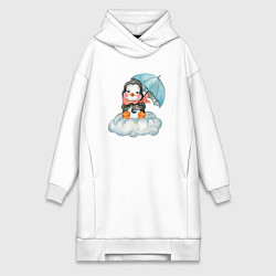 Женское худи-платье Пингвин на облаке с зонтом, цвет: белый