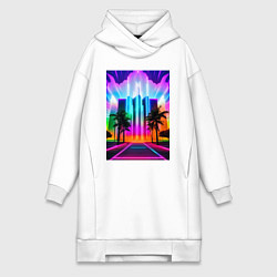 Женское худи-платье Пальмы и неоновые огни, цвет: белый