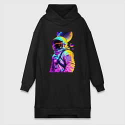 Женское худи-платье Космонавт в космосе - нейросеть - свечение, цвет: черный