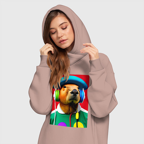 Женская толстовка-платье Капибара в наушниках и шляпе - нейросеть / Пыльно-розовый – фото 3