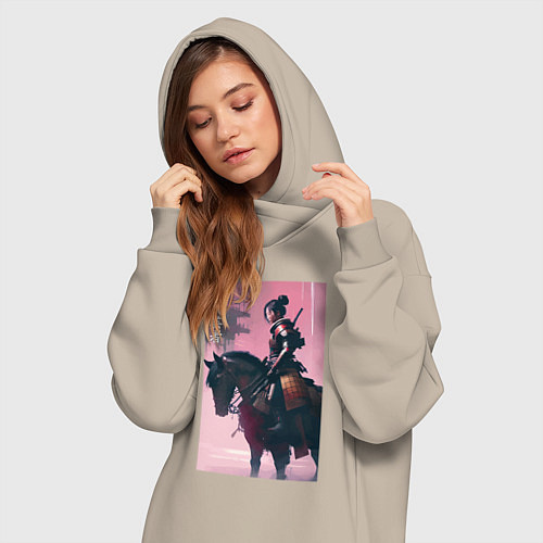 Женская толстовка-платье Онна-бугэйся -конная девушка-самурай - нейросеть / Миндальный – фото 3