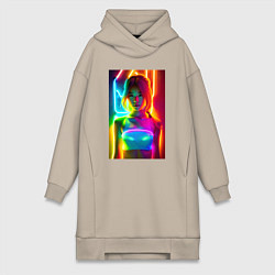 Женское худи-платье Japanese girl - neon glow - neural network, цвет: миндальный