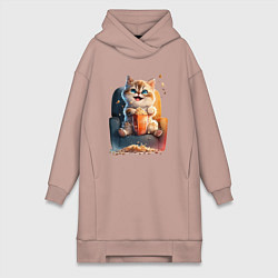 Женское худи-платье Веселый котик с попкорном, цвет: пыльно-розовый