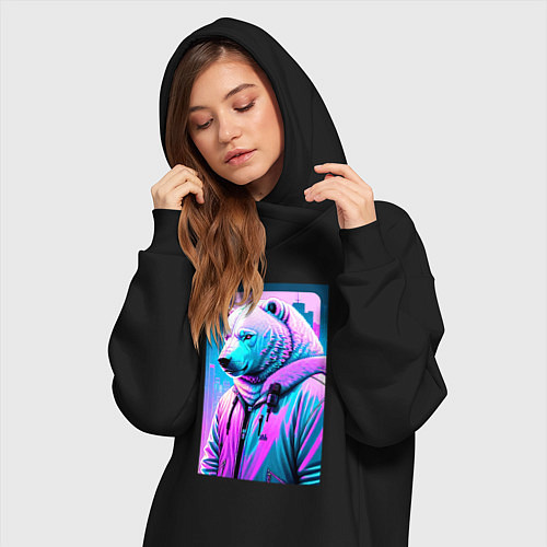 Женская толстовка-платье Белый медведь - неоновое свечение / Черный – фото 3