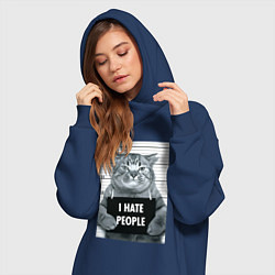 Женское худи-платье Кот преступник уголовник с табличкой, цвет: тёмно-синий — фото 2