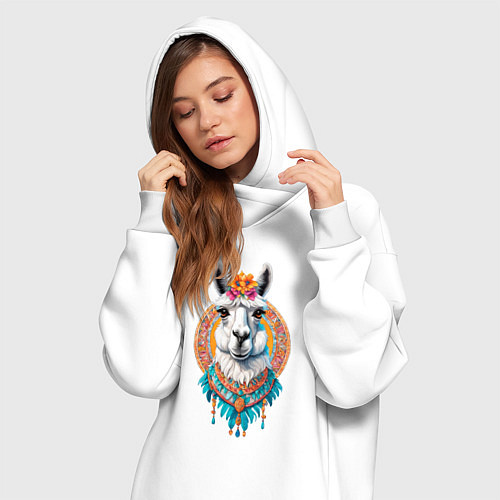 Женская толстовка-платье Красивая лама с цветами и перьями / Белый – фото 3