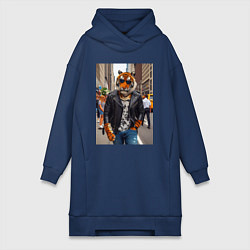 Женское худи-платье Cool tiger on the streets of New York - ai art, цвет: тёмно-синий