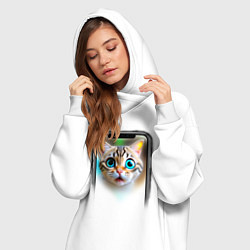 Женское худи-платье Кот в смартфоне, цвет: белый — фото 2