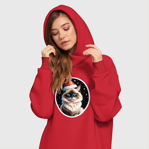 Женская толстовка-платье Кот породы Рэгдолл в новогодней шапке / Красный – фото 3