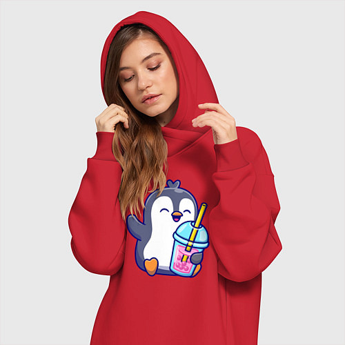 Женская толстовка-платье Пингвин с напитком / Красный – фото 3