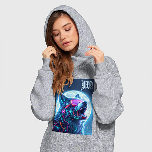 Женская толстовка-платье Cyber wolf - ai art / Меланж – фото 3