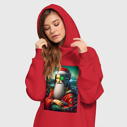 Женская толстовка-платье Mona Lisa in Santa costume - cyberpunk / Красный – фото 3