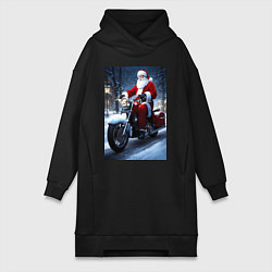 Женское худи-платье Дед мороз на байке, цвет: черный