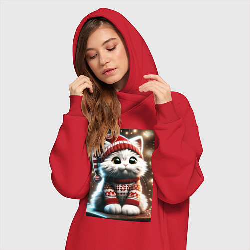Женская толстовка-платье Котик в новогоднем свитере / Красный – фото 3
