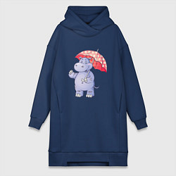 Женское худи-платье Мультяшный бегемот с зонтом, цвет: тёмно-синий
