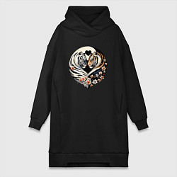 Женское худи-платье Тигры - Инь янь, цвет: черный