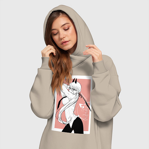 Женская толстовка-платье Человек бензопила Пауэр в офисном костюме / Миндальный – фото 3