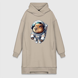 Женское худи-платье Прикольный капибарыш космонавт - нейросеть, цвет: миндальный