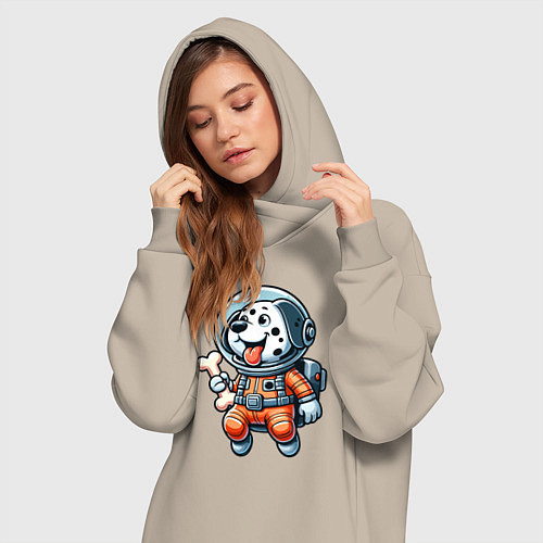 Женская толстовка-платье Dalmatian cosmonaut puppy with a bone / Миндальный – фото 3