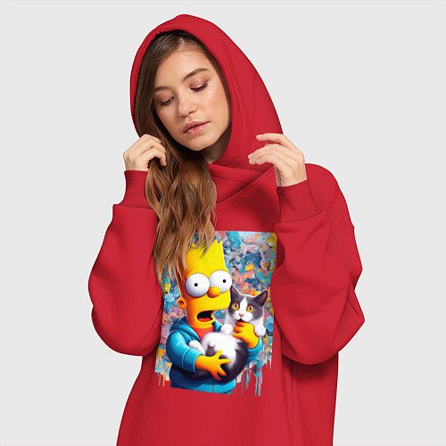 Женская толстовка-платье Bart Simpson with a kitten - ai art / Красный – фото 3