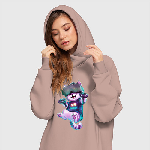 Женская толстовка-платье Кот-геймер в VR-шлеме / Пыльно-розовый – фото 3