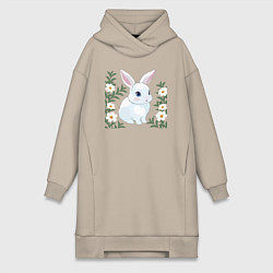 Женское худи-платье Милый зайчонок на фоне цветов, цвет: миндальный
