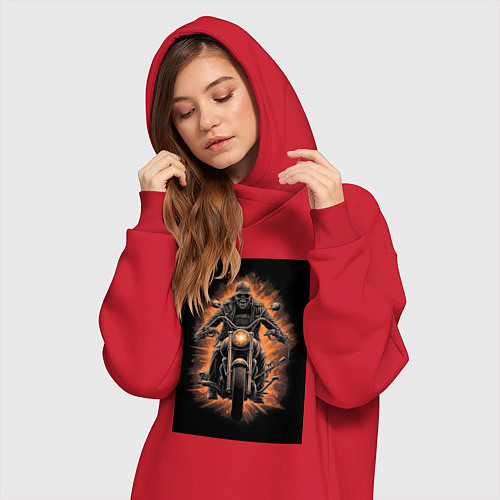 Женская толстовка-платье Скелет едет на старом мотоцикле / Красный – фото 3