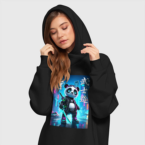 Женская толстовка-платье Panda samurai - bushido ai art / Черный – фото 3