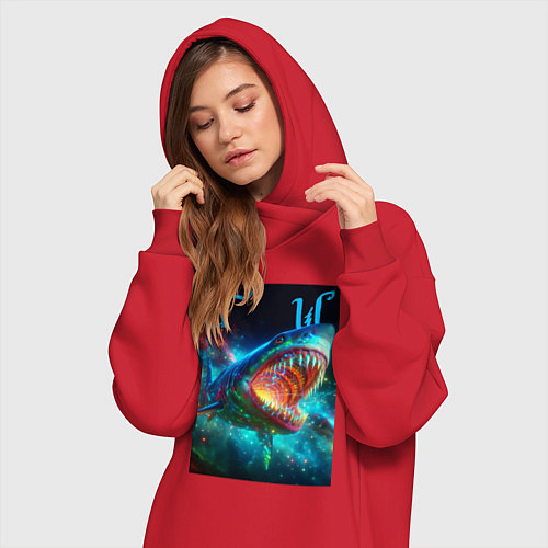 Женская толстовка-платье Great white space shark - ai art / Красный – фото 3