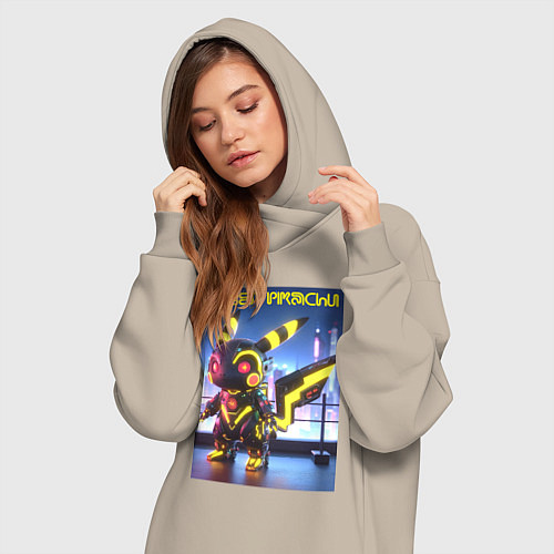 Женская толстовка-платье Cyber pikachu - ai art neon glow fantasy / Миндальный – фото 3