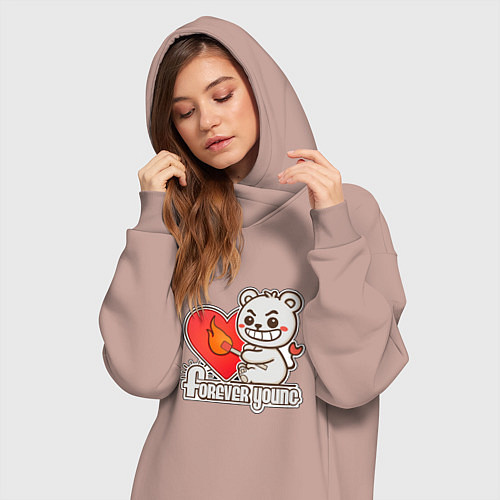 Женская толстовка-платье Медведь хулиган с сердцем и спичкой / Пыльно-розовый – фото 3