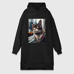Женское худи-платье Пирсинг Нью-Йоркского кота - нейросеть, цвет: черный