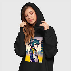 Женское худи-платье Kitten girl - cyberpunk, цвет: черный — фото 2