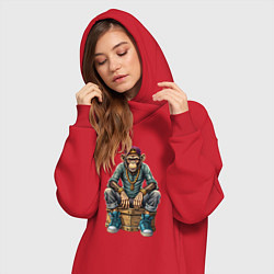 Женское худи-платье Обезьяна в хип-хоп стиле сидит на ящике, цвет: красный — фото 2