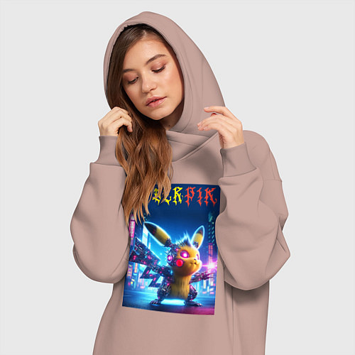 Женская толстовка-платье Cyber Pikachu - ai art fantasy / Пыльно-розовый – фото 3