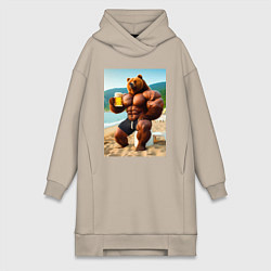 Женская толстовка-платье Медведь бодибилдер с кружкой пива на пляже - нейро