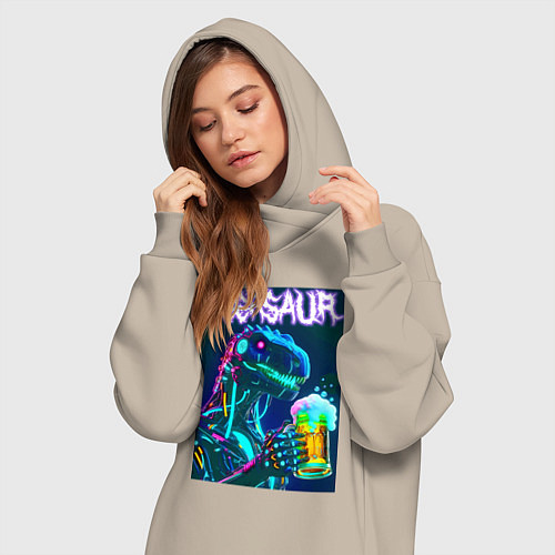 Женская толстовка-платье Neon cyber beersaur - neon glow fantasy / Миндальный – фото 3