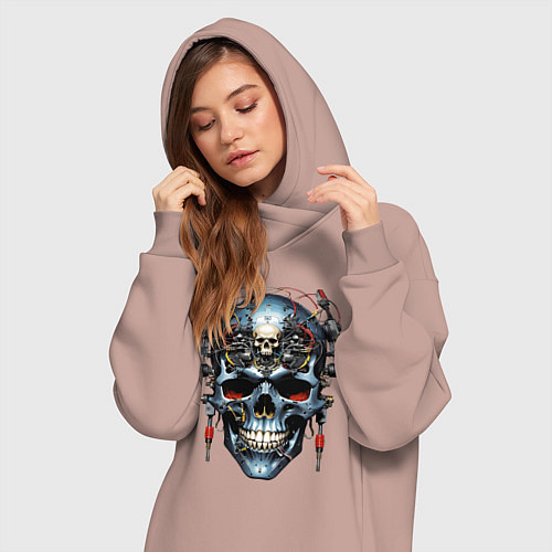 Женская толстовка-платье Кибер череп - нейроарт фантазия / Пыльно-розовый – фото 3