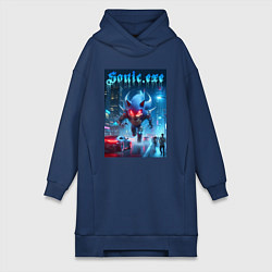 Женское худи-платье Ёжик монстр в ночном мегаполисе - неоновое свечени, цвет: тёмно-синий