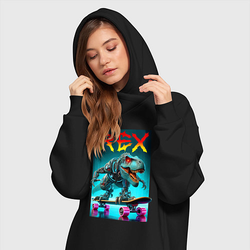 Женская толстовка-платье Tyrannosaur rex on a skateboard - ai art fantasy / Черный – фото 3