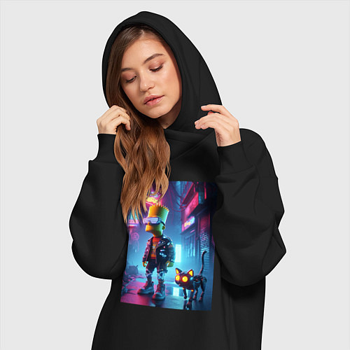 Женская толстовка-платье Барт Симпсон гуляет с роботом котом в ночном город / Черный – фото 3