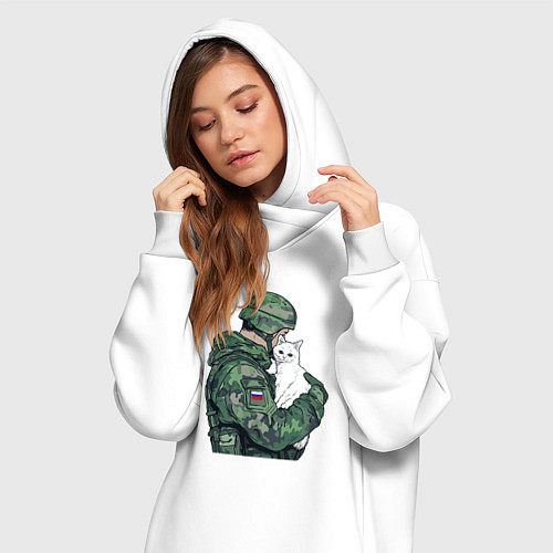 Женская толстовка-платье Русский солдат с белой кошечкой / Белый – фото 3