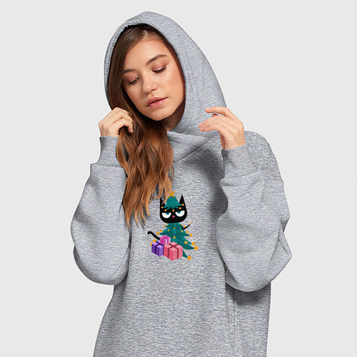 Женская толстовка-платье Черный кот в костюме новогодней елки / Меланж – фото 3