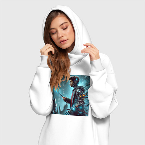 Женская толстовка-платье Harry Potter with a magic wand - cyberpunk / Белый – фото 3