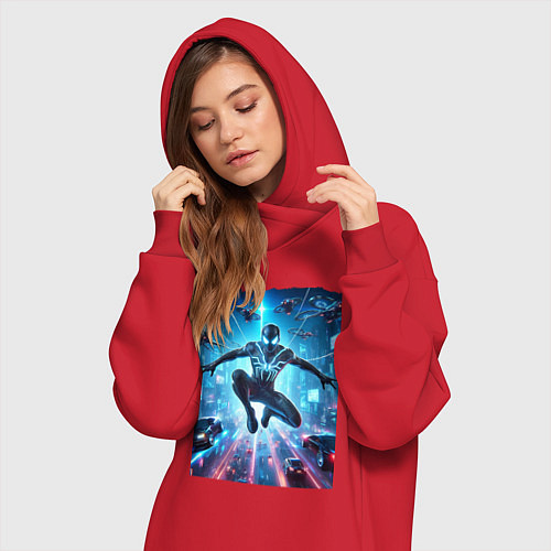 Женская толстовка-платье Spider man - cyberpunk fantasy / Красный – фото 3