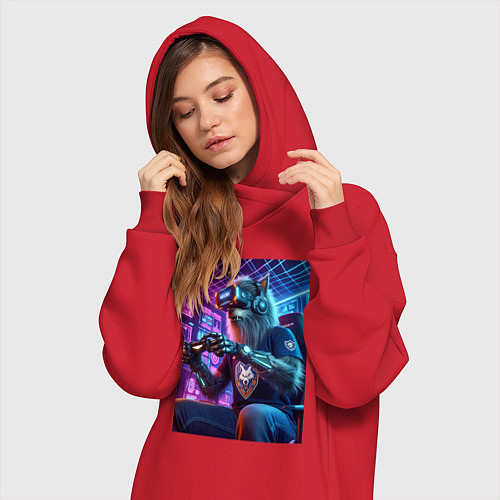 Женская толстовка-платье Крутой волчара - киберспорт / Красный – фото 3