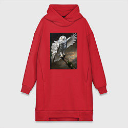 Женское худи-платье Белая сова на ветке, цвет: красный