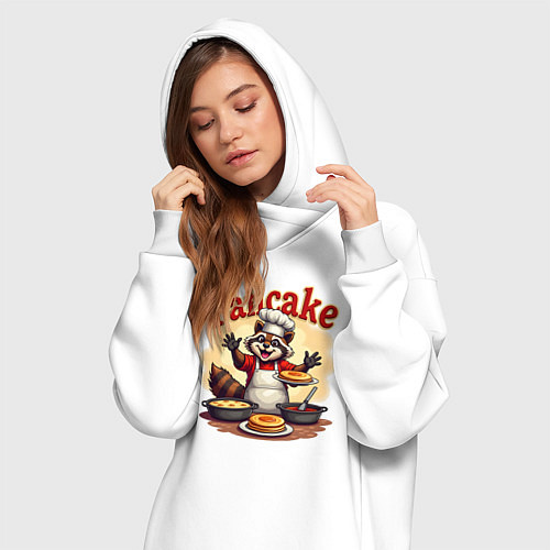 Женская толстовка-платье Енот готовит панкейки / Белый – фото 3